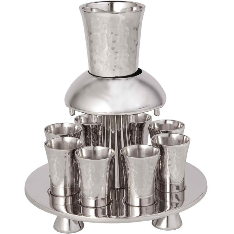 Kiddush Cup Fountain Hammered Silver with Goblet and 8 Small Cups by Yair Emamuel