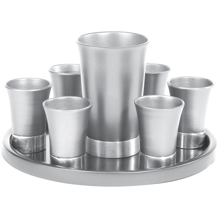 Anodised Aluminium Silver Kiddush Cup and 6 small cups by Yair Emanuel