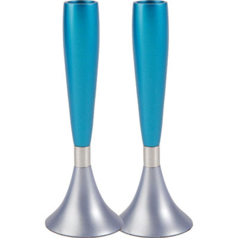 Anodised Aluminium Shabbat Candlesticks in Blue Silver by Yair Emanuel