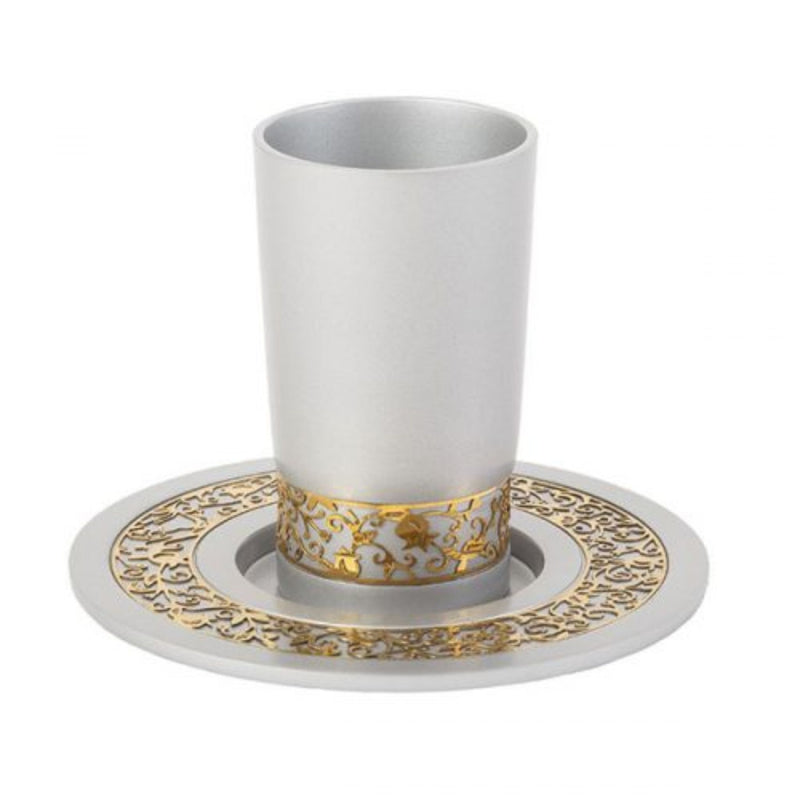 Silver Cup & Plate with Gold Pomegranate Cut-Outs by Yair Emanuel