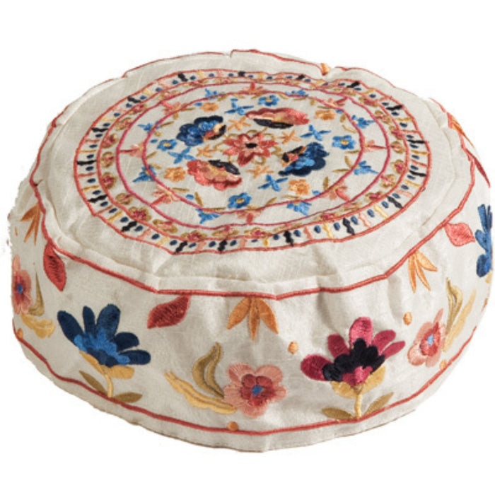 Kippah Hat - Hand Embroidered in White Silk - Flowers by Yair Emanuel