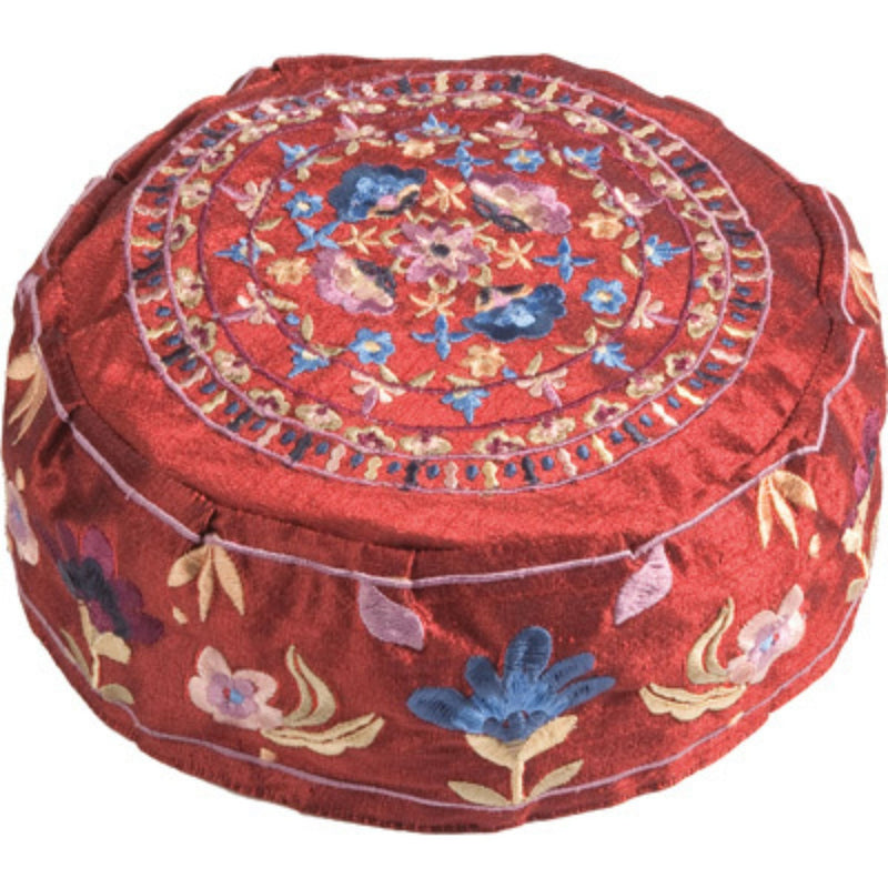 Kippah Hat - Hand Embroidered Maroon Flowers by Yair Emanuel