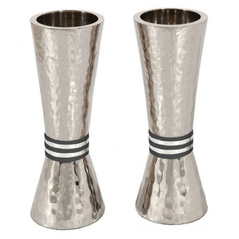 Hammered Large Shabbat Candlesticks with Black Rings by Yair Emanuel