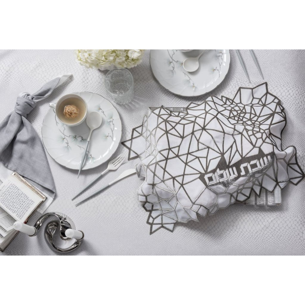 Geometric Challah Cover in Silver Velvet topped with Tulle by Apeloig Collection