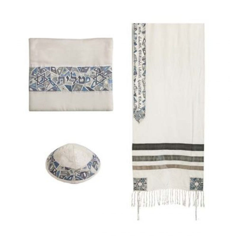 Magen David Small Tallit with Matching Bag/Kippah in Greys Stripes by Yair Emanuel