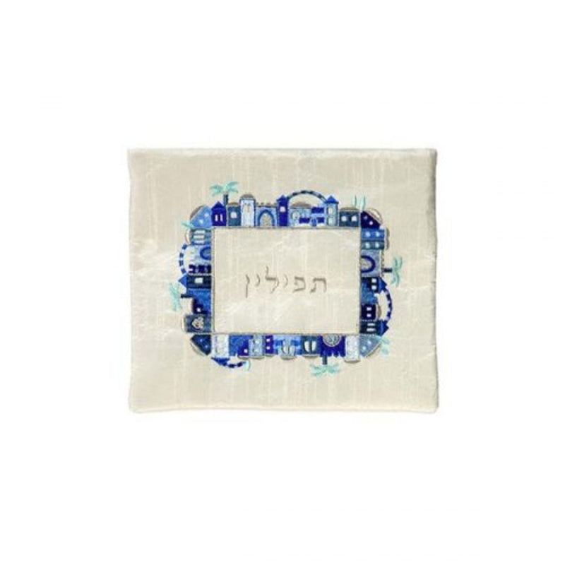 Jerusalem Blue on White Tefillin Bag by Yair Emanuel