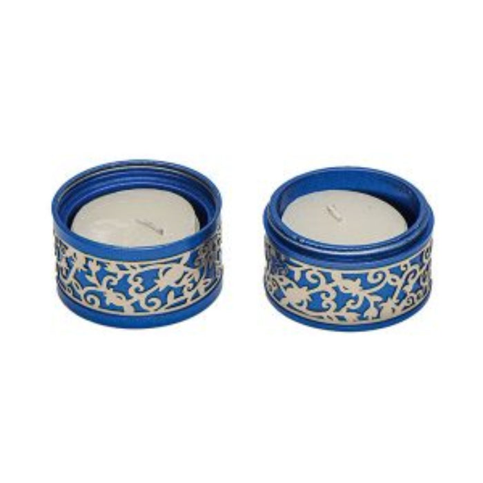 Travel Cut Out Aluminum Shabbat Candlesticks in Blue by Yair Emanuel