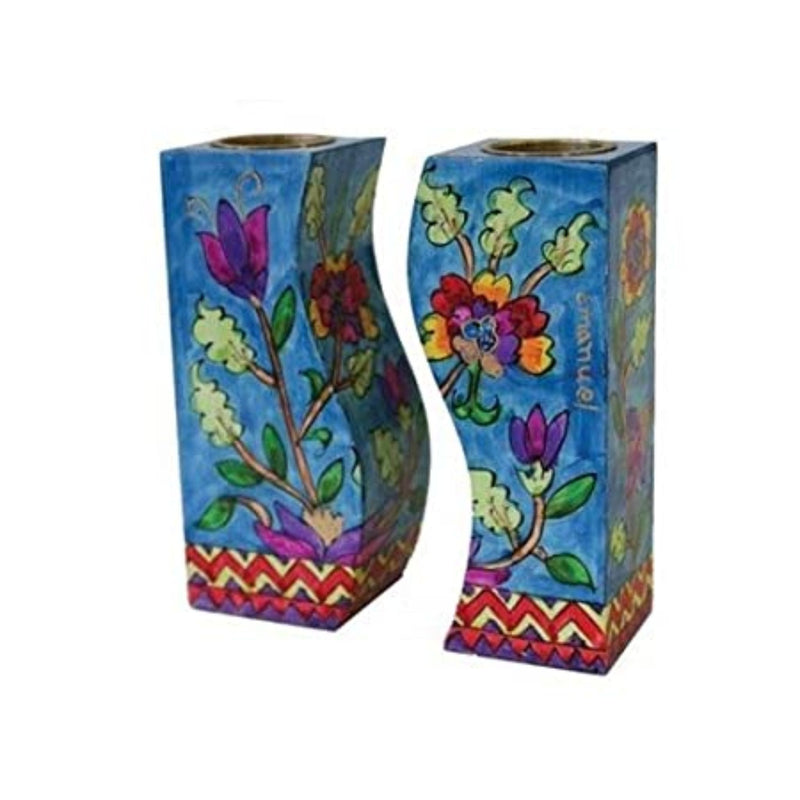 Hand Painted Wooden Shabbat Candlesticks in Flowers by Yair Emanuel