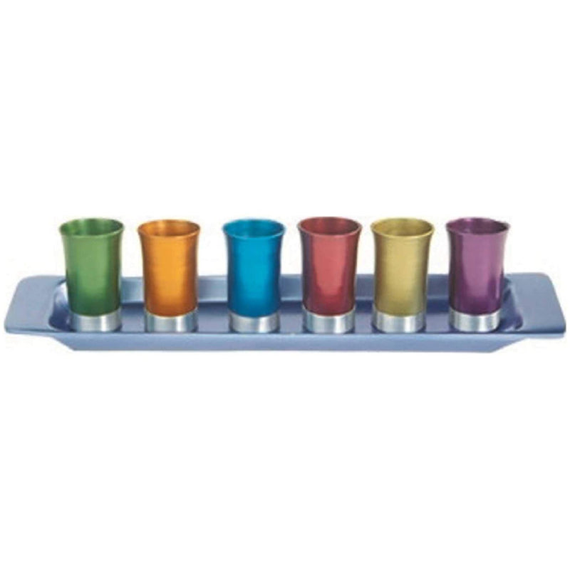 Set of Six Multi Coloured Aluminium Kiddush Cups with Tray by Yair Emanuel