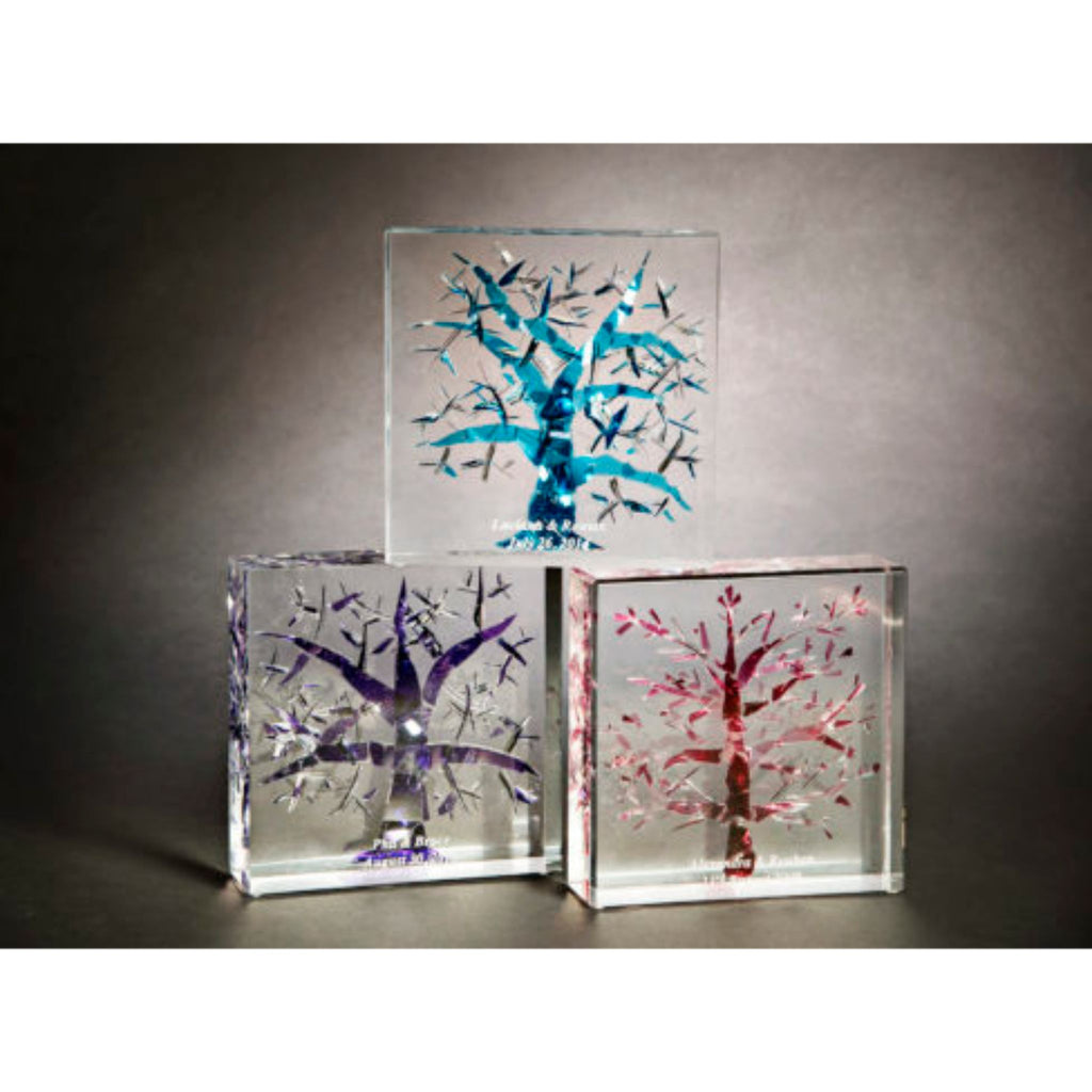 Broken Chuppah Glass Art Tree of Life in Lucite Cube