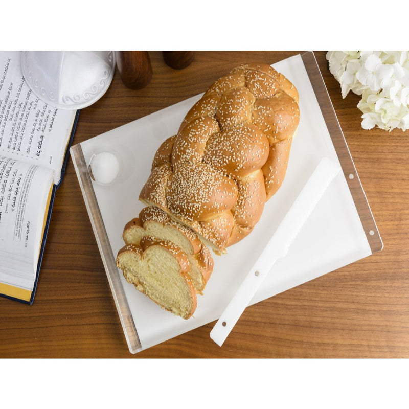 Acrylic Solid Challah Board and Magnetic Matching Knife in White