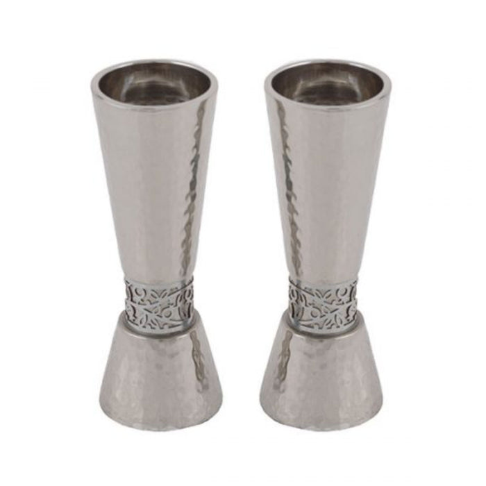 Hammered Large Shabbat Candlesticks with Silver Pomegranate detail by Yair Emanuel