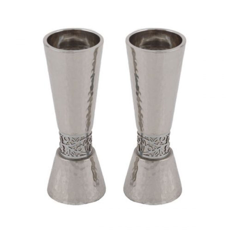 Hammered Large Shabbat Candlesticks with Silver Pomegranate detail by Yair Emanuel