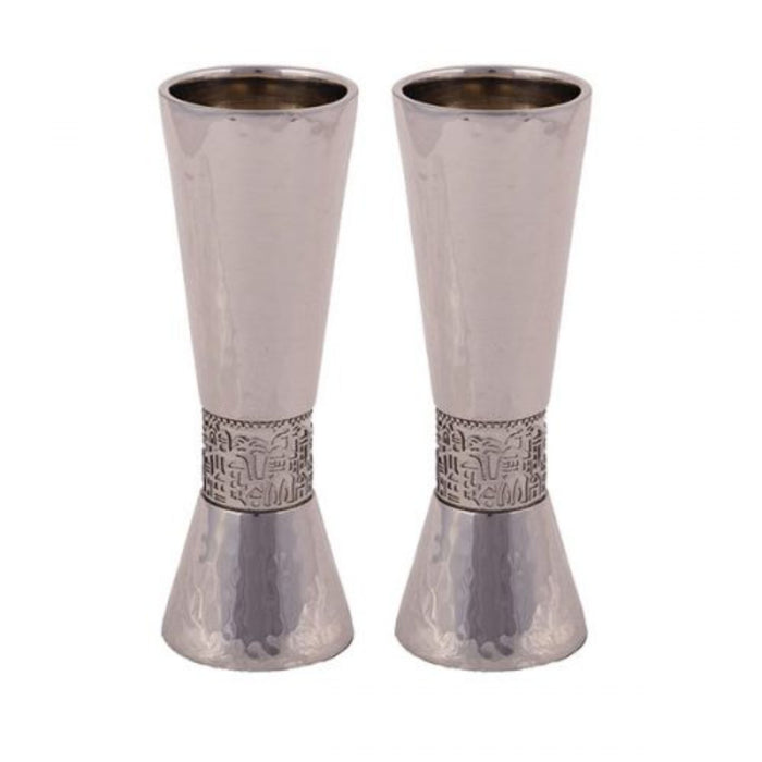 Hammered Large Shabbat Candlesticks with Silver Jerusalem detail by Yair Emanuel