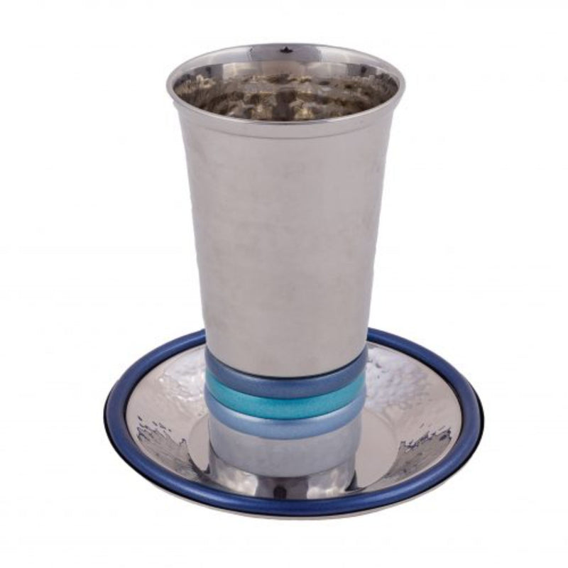 Hammered Kiddush Cup with Pronounced Blue Rings by Yair Emanuel