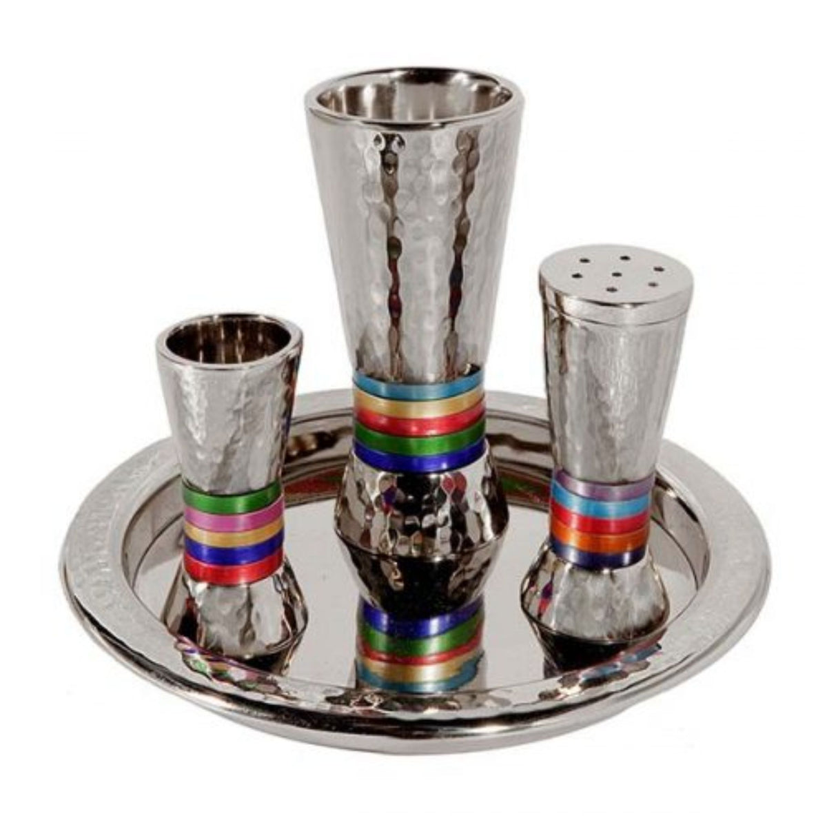 Circle Havdalah Set in Hammer Work with Multi-Colour Rings by Yair Emanuel