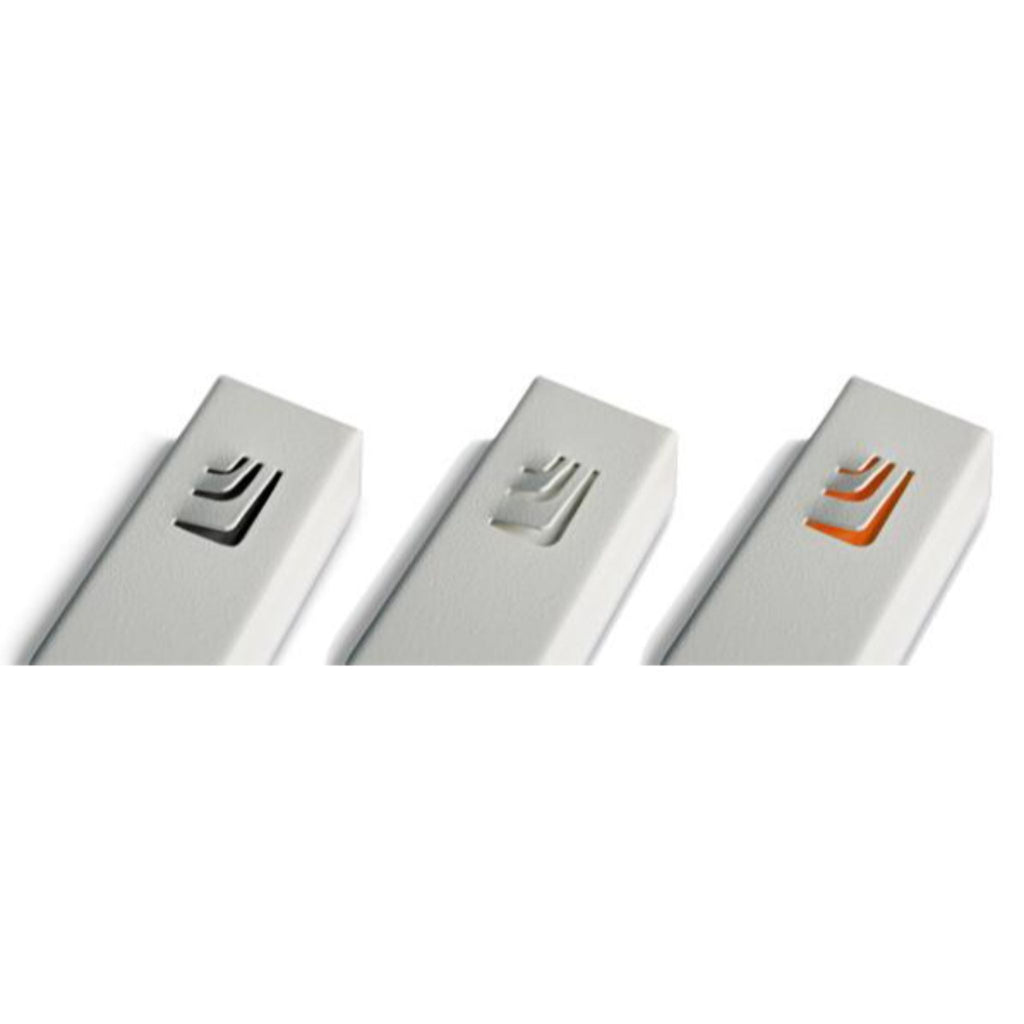 Folded "ש" Small White Metal Mezuzah with Orange Shin by Marit Meisler at CeMMent
