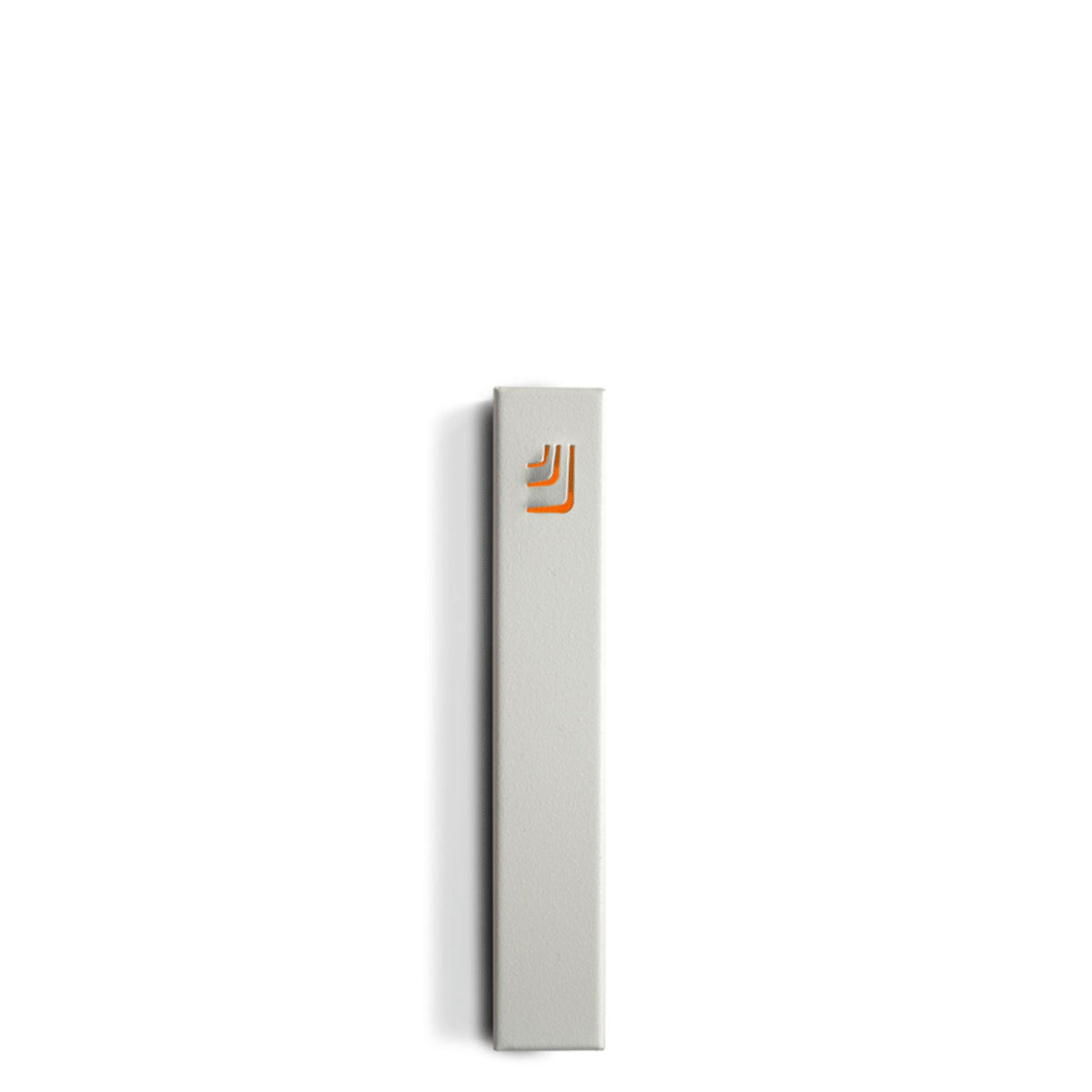 Folded "ש" Small White Metal Mezuzah with Orange Shin by Marit Meisler at CeMMent