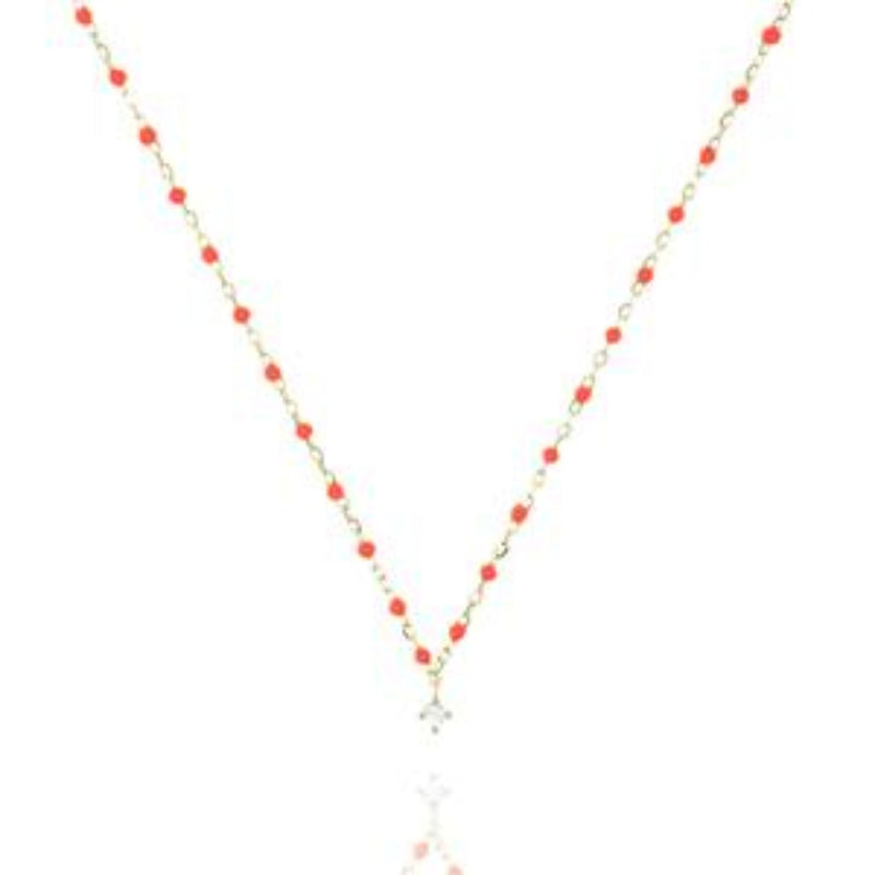 Bead & Chain Necklace with Cubic Zirconia Pendant in Orange/Gold