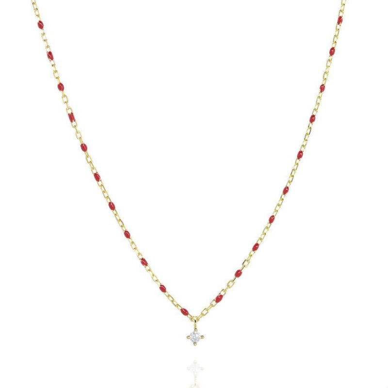 Bead & Chain Necklace with a Cubic Zirconia Pendant in Red/Gold