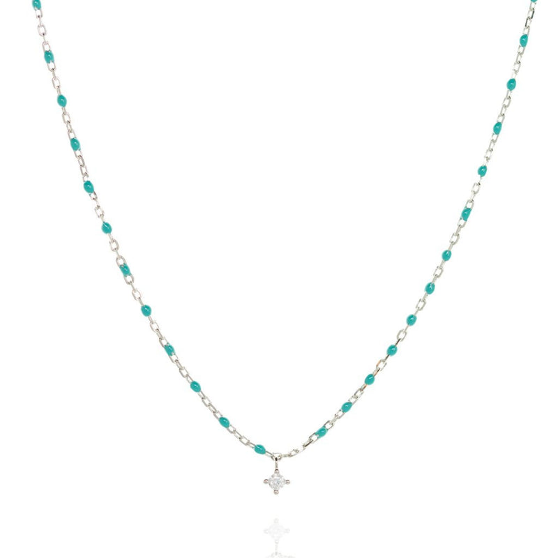 Bead & Chain Necklace with a Cubic Zirconia Pendant in Turquoise/Silver