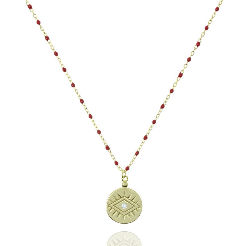 Bead & Chain Necklace with Coin Pendant in Red/Gold