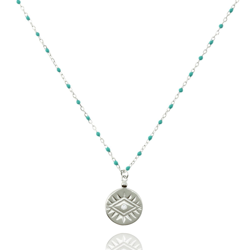 Bead & Chain Necklace with a Coin Pendant in Turquoise/Silver