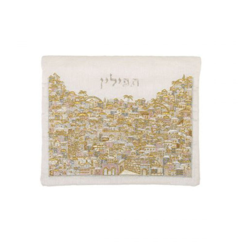 Jerusalem Scene in Silver & Gold Tefillin Bag by Yair Emanuel