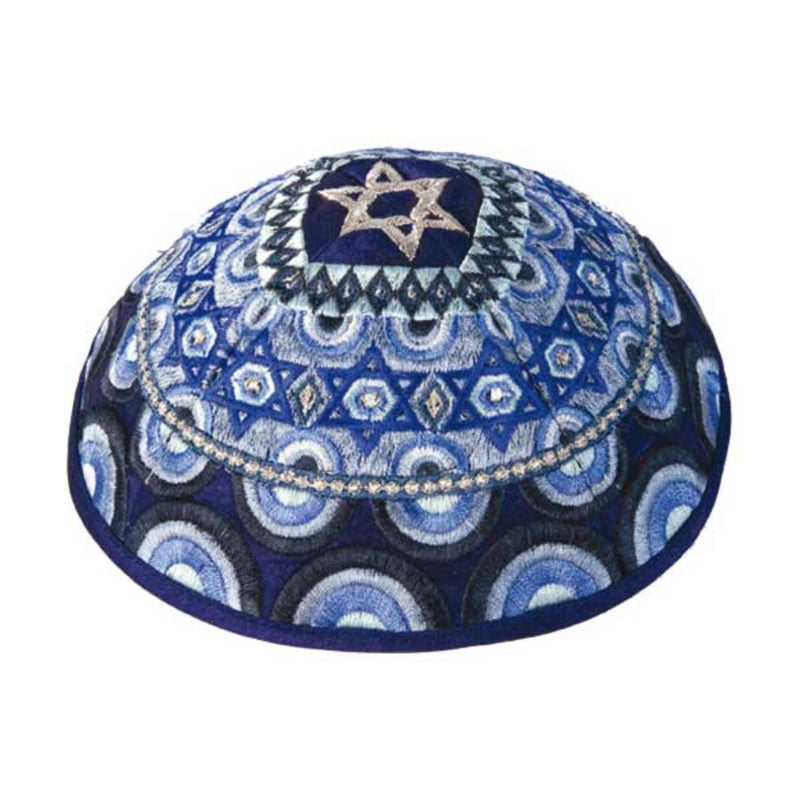 Embroidered Magen David Kippah in Blues by Yair Emanuel