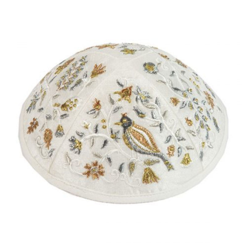 Birds Kippah in Gold Silk Embroidery by Yair Emanuel