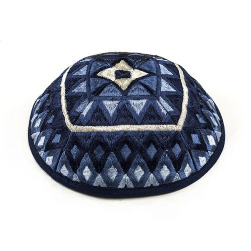 Squares Embroidered Kippah in Blue by Yair Emanuel