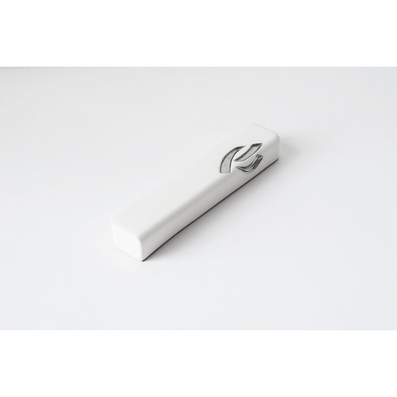 Ceramic White Mezuzah with Silver Shin by Yahalomis