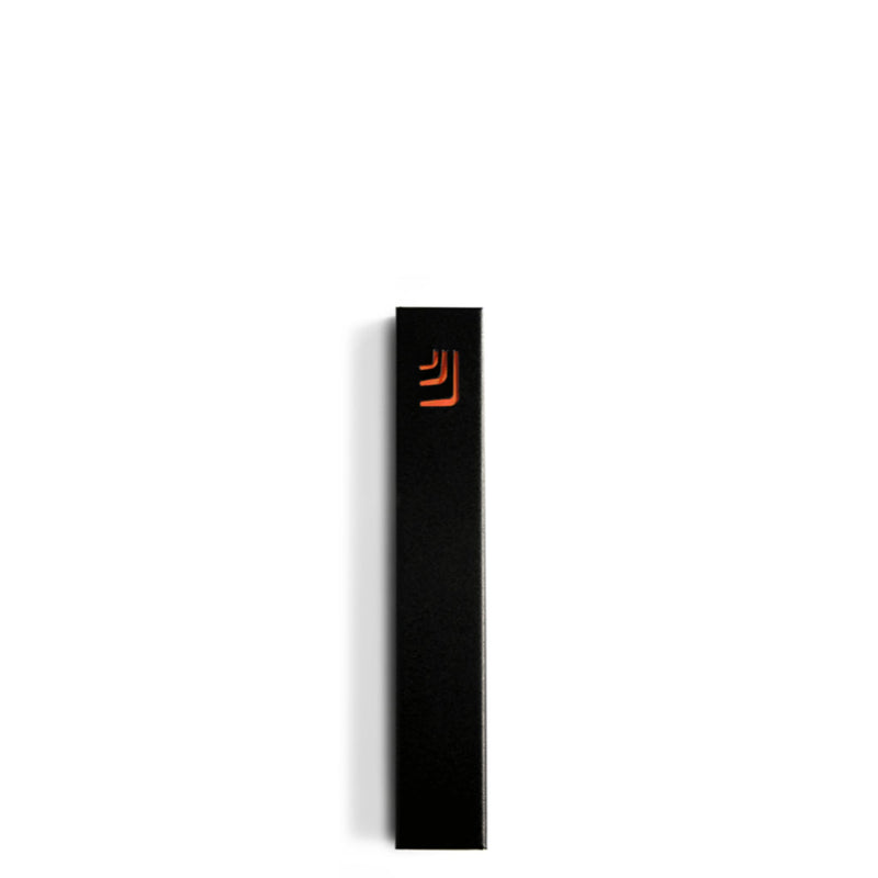 Folded "ש" Small Black Metal Mezuzah with Orange Shin by Marit Meisler at CeMMent