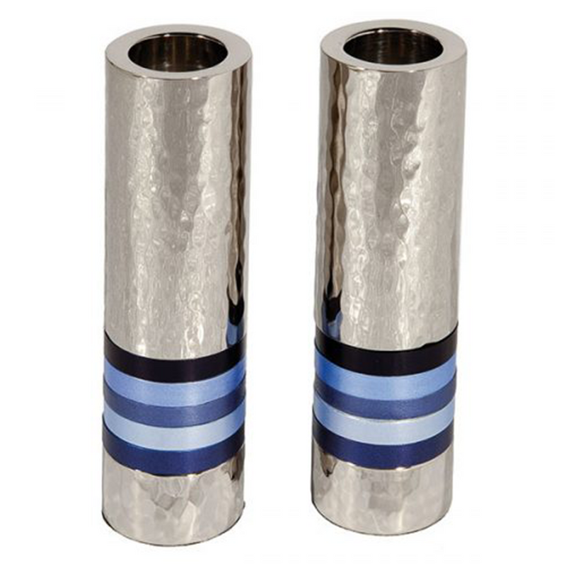 Cylinder Shabbat Candlesticks with Blue Rings by Yair Emanuel