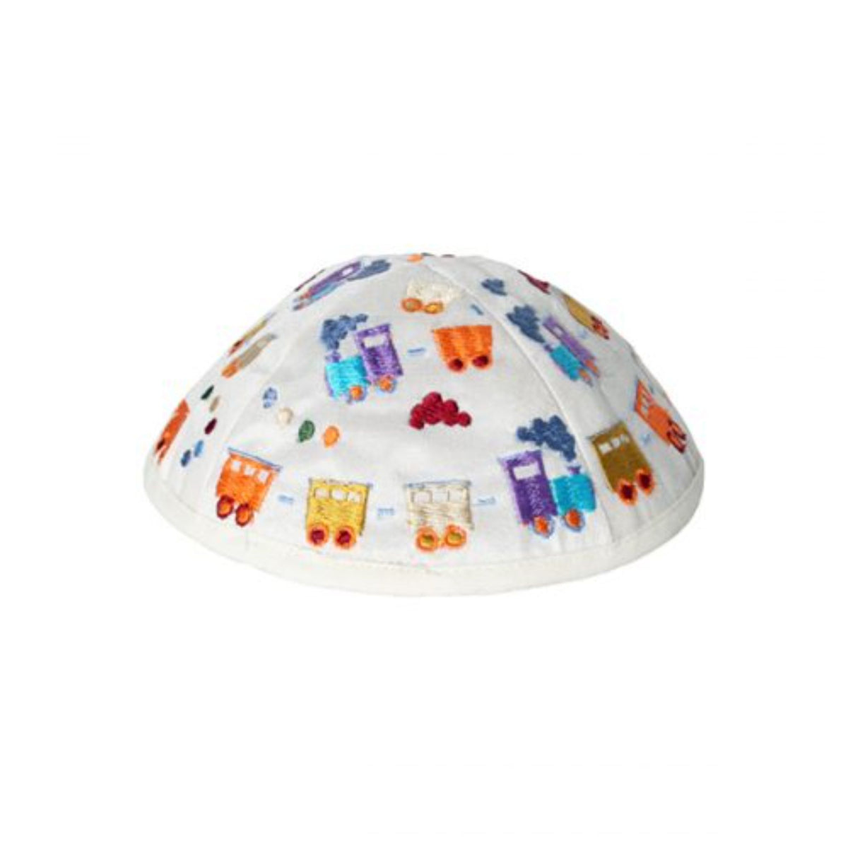 Embroidered Children's Train Kippah White by Yair Emanuel