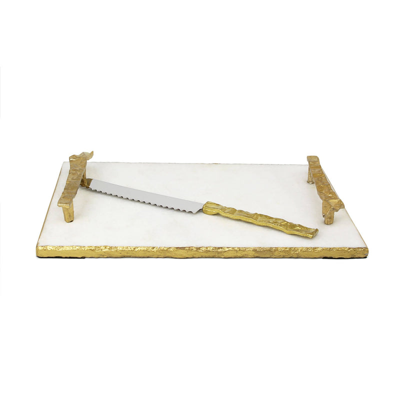 White Marble Challah Board/Tray with Gold Handles and Matching Challah Knife
