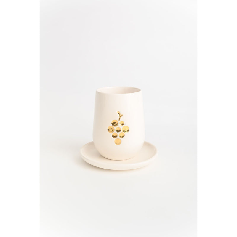 Ceramic Kiddush Cup in Cream with Gold by Yahalomis