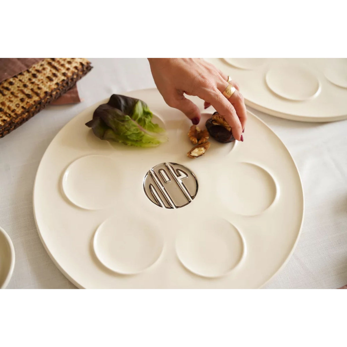 Ceramic Seder Plate with Silver Accents by Yahalomis