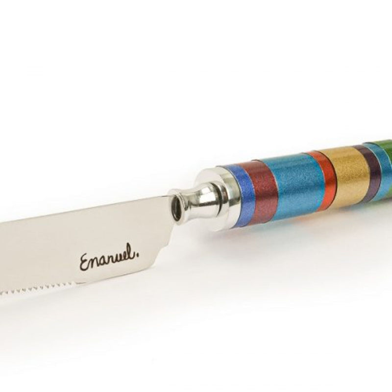 Rainbow Challah Knife with Multi Coloured Rings by Yair Emanuel