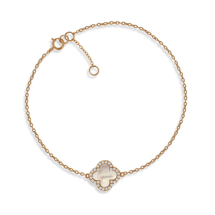 Mother of Pearl Clover Charm Bracelet in Rose Gold rimmed with Cubic Zirconia Bracelet by Penny Levi