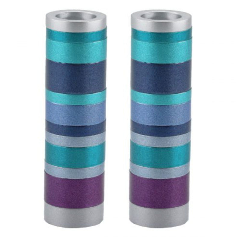 Small Shabbat Candlesticks with Multi Coloured Blue Rings by Yair Emanuel