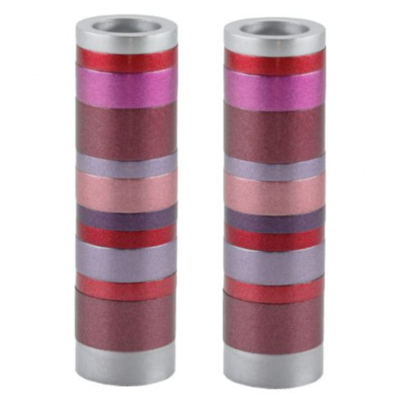 Small Shabbat Candlesticks with Multi Coloured Maroon Rings by Yair Emanuel