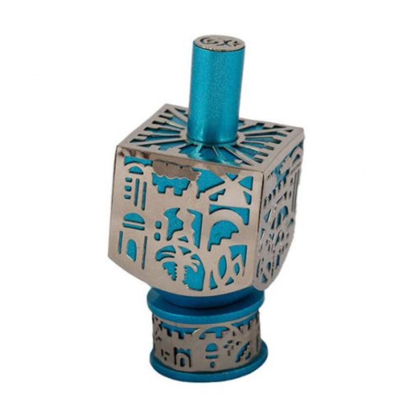 Small Turquoise Dreidel with Jerusalem Metal Cut Out by Yair Emanuel