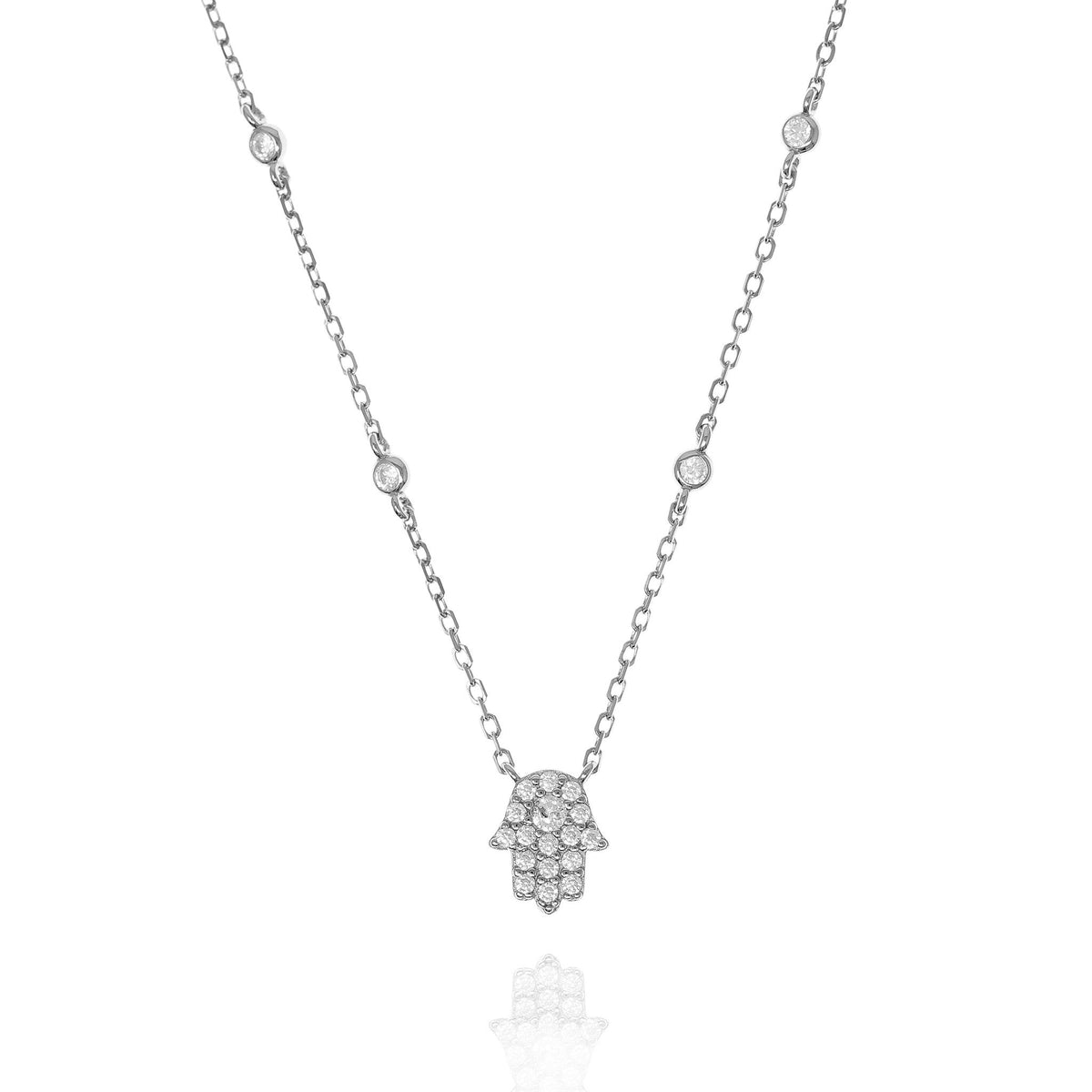 Hamsa Necklace with 4 Single Cubic Zirconia in Silver by Penny Levi