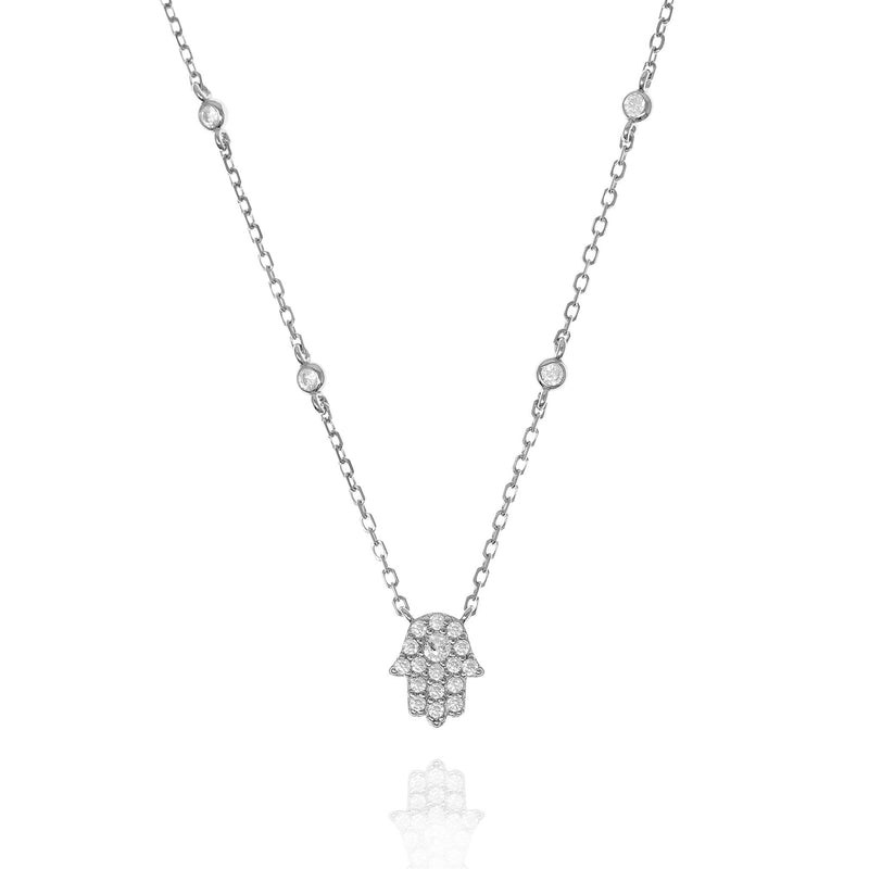 Hamsa Necklace with 4 Single Cubic Zirconia in Silver by Penny Levi
