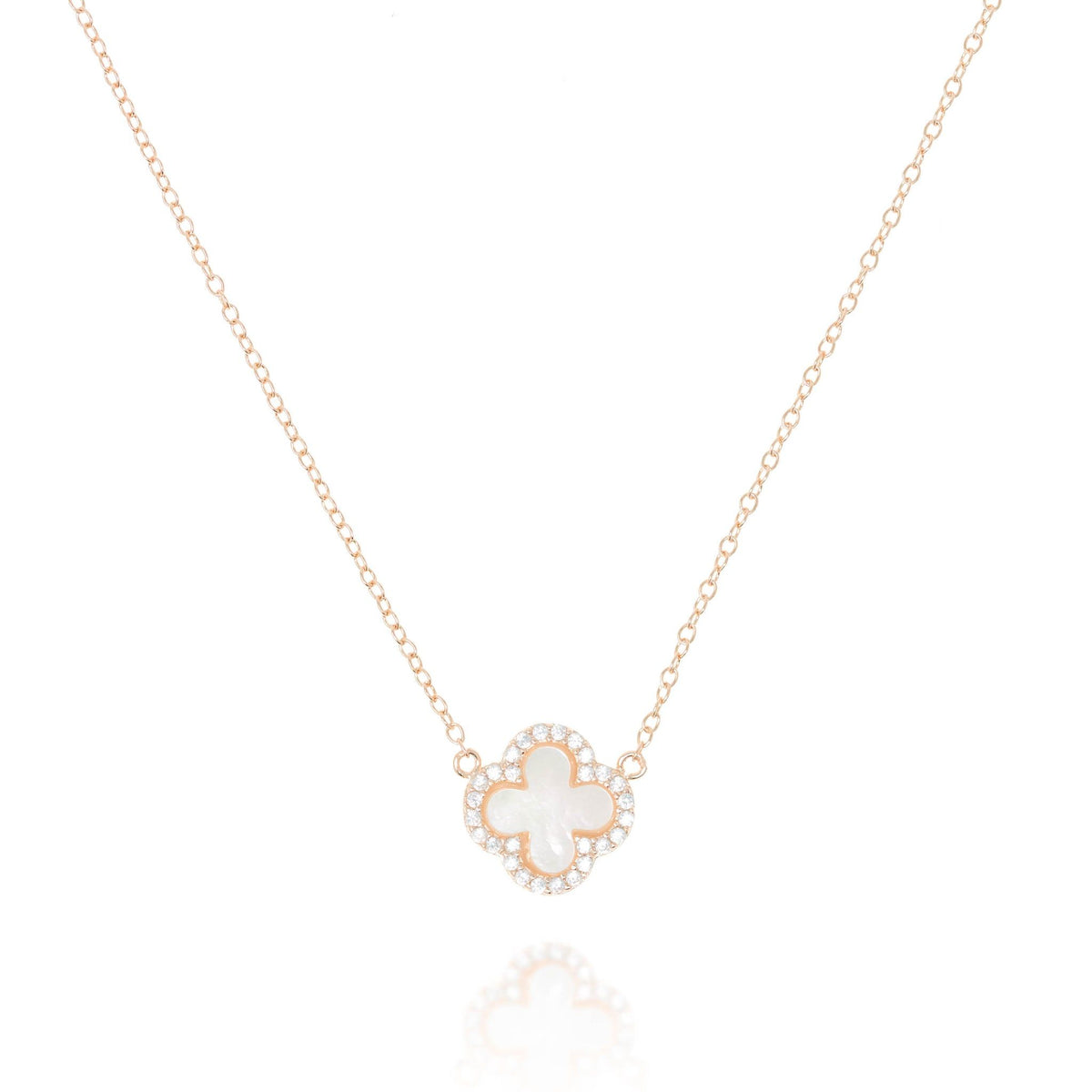 Mother of Pearl Chain and CZ Clover Pendant Necklace in Rose Gold by Penny Levi