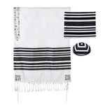 Black and White Pomegranates Tallit 42" Woven Stripes and Embroidered Atara with Tallit Bag/Kippah by Yair Emanuel