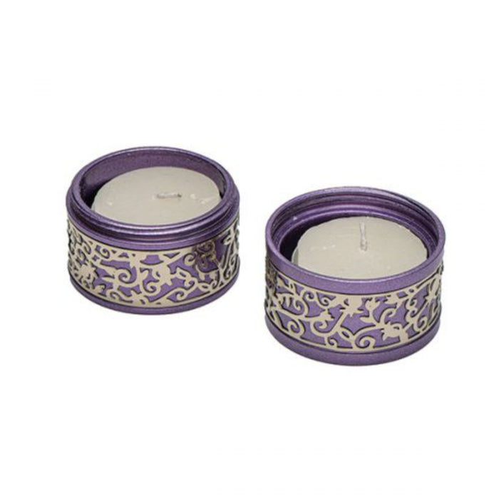 Travel Cut Out Aluminium Shabbat Candlesticks in Purple by Yair Emanuel