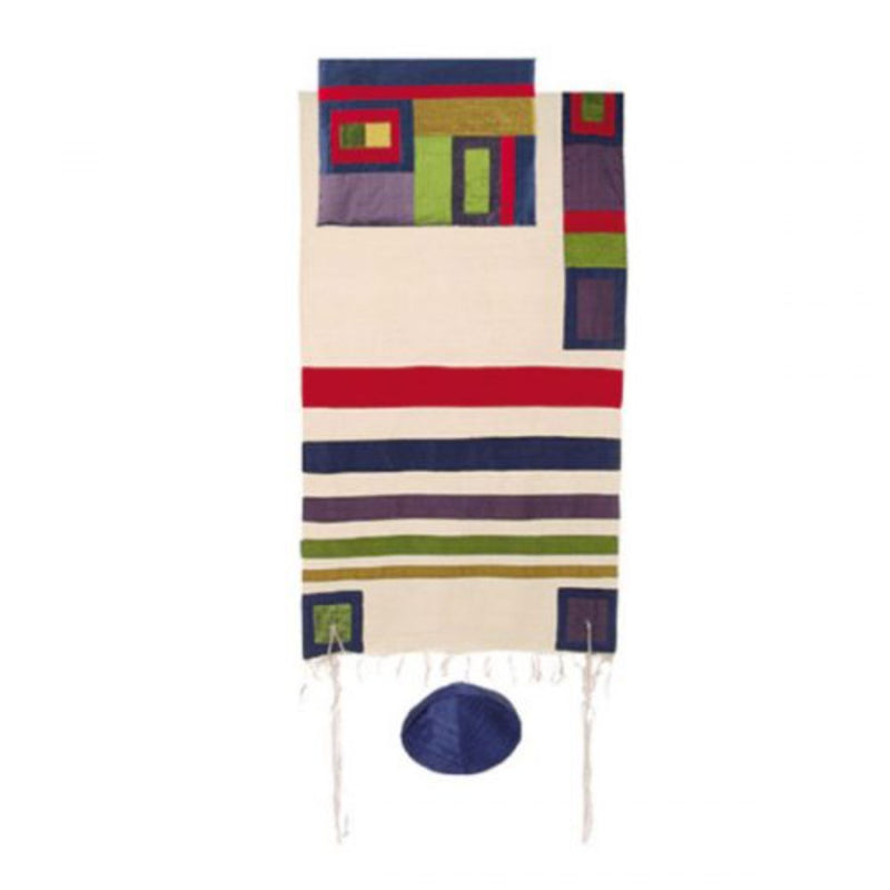 Raw Silk Tallit with Multi Woven Coloured Stripes with Tallit Bag/Kippah by Yair Emanuel