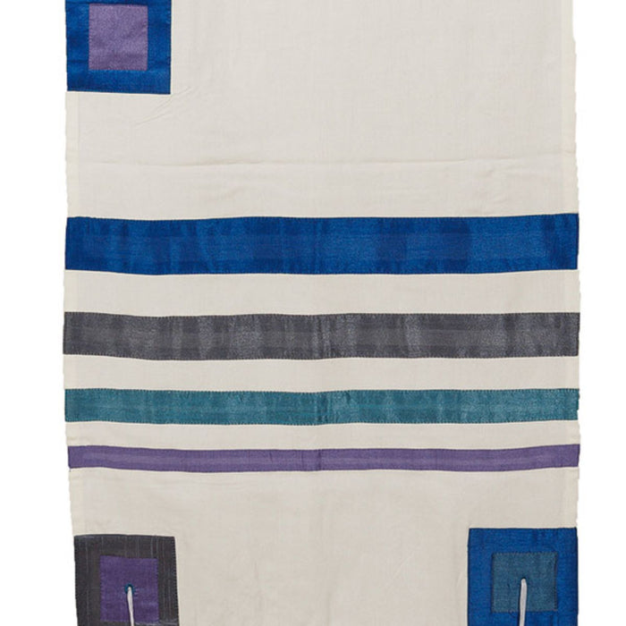 Raw Silk Tallit with Blues, Purple and Grey Coloured Stripes with Tallit Bag/Kippah by Yair Emanuel